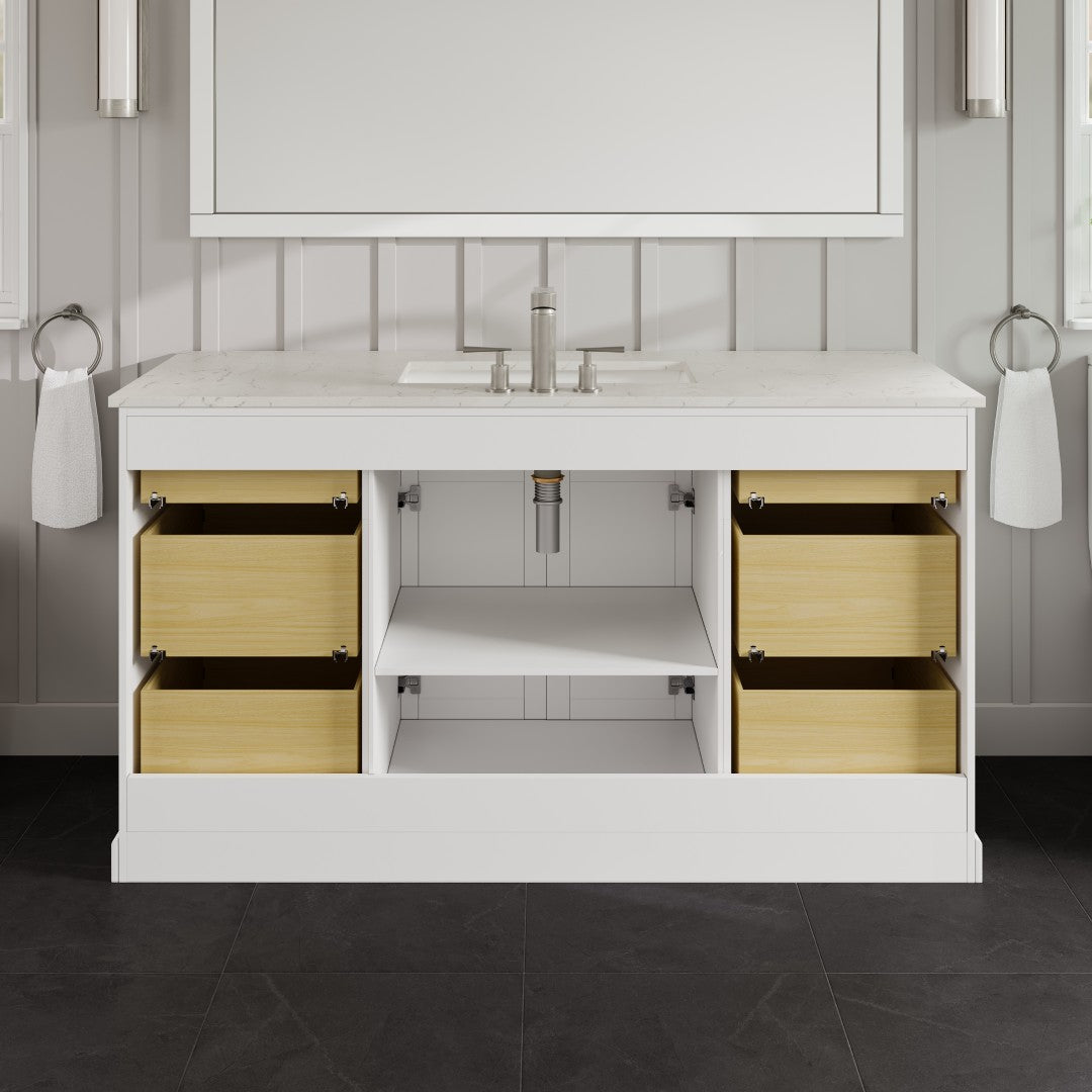 Epic 60 in. White Single Sink Bath Vanity with Carrara Quartz Top and Undermount Porcelain Sink
