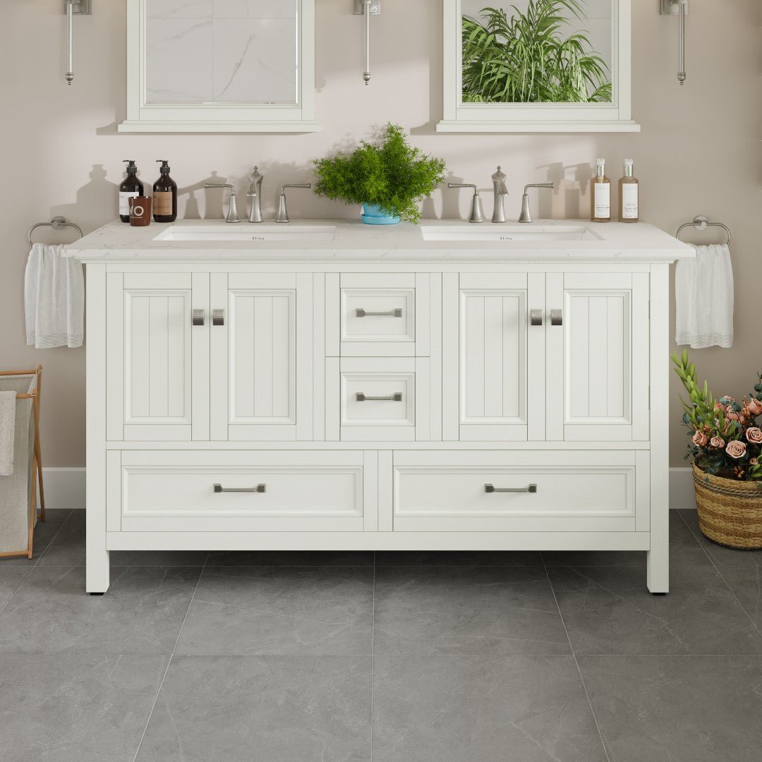 Britney 60 in. White Double Sink Bath Vanity with Carrara Quartz Top and Undermount Porcelain Sinks - Bathroom Vanity by Eviva