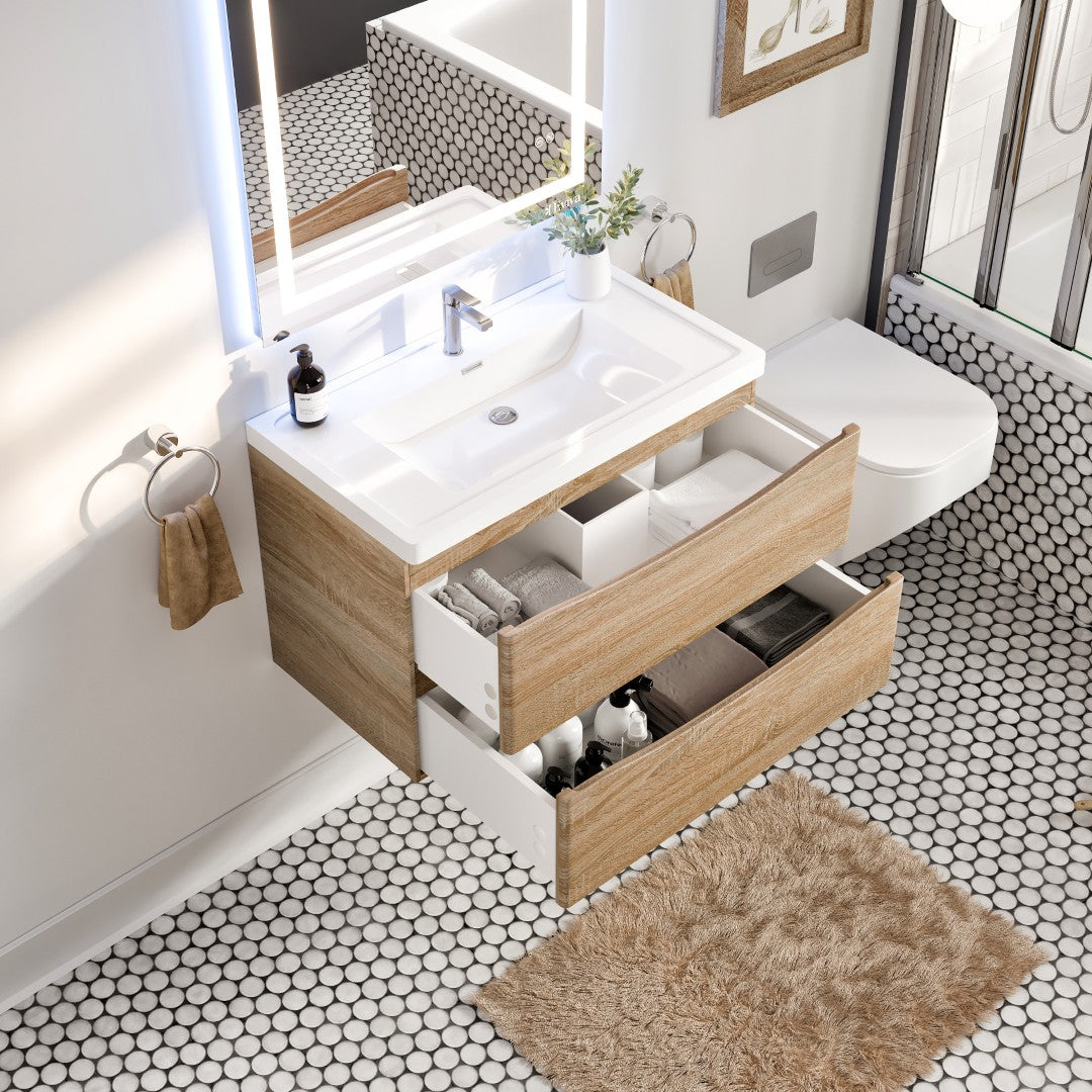 Smile 36 in. White Oak Wall Mount Single Sink Bath Vanity with Acrylic Top and Integrated Sink