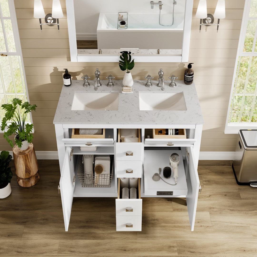 Artemis 44 in. White Double Sink Bath Vanity with Engineered Top and Undermount Porcelain Sinks