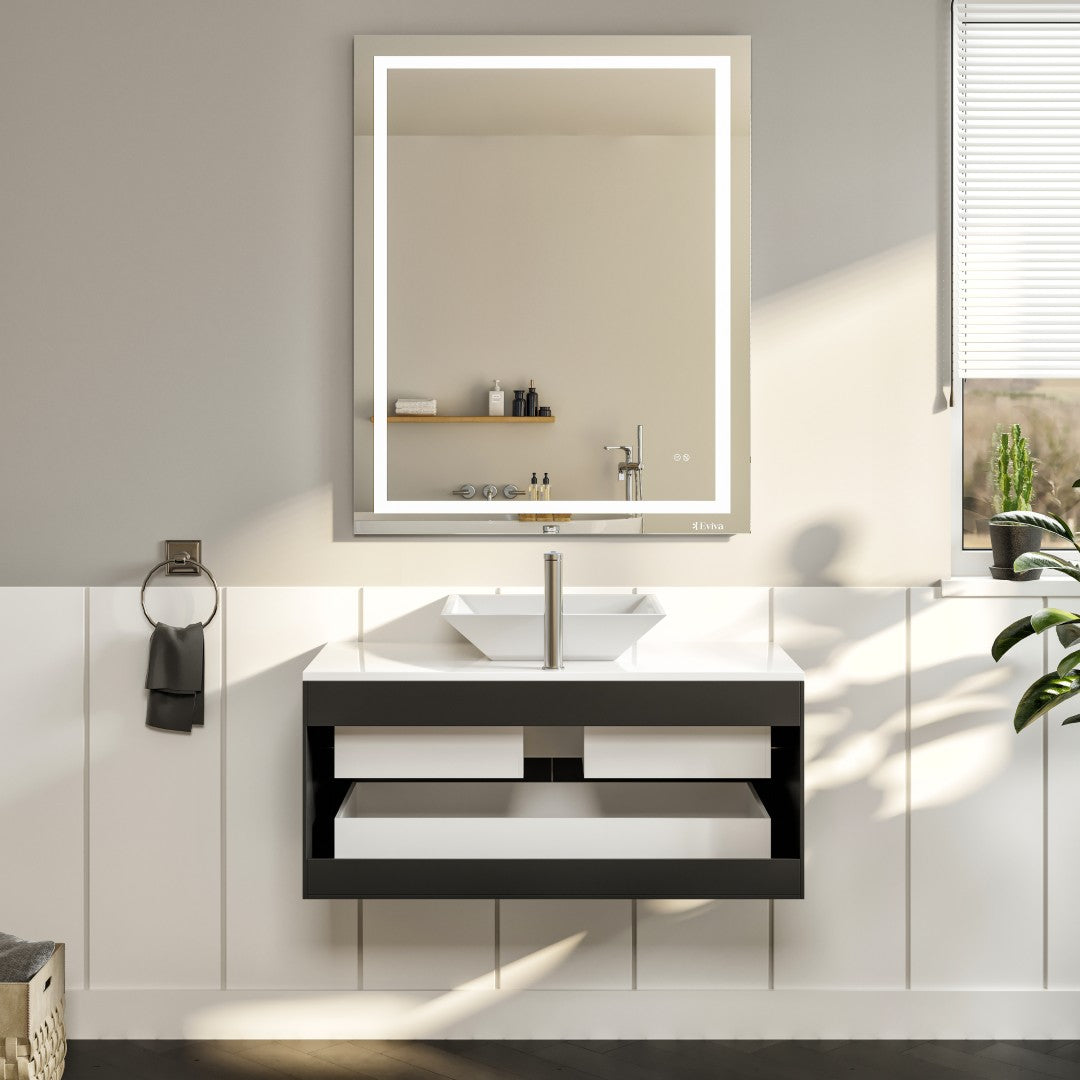 Wave 36 in. Espresso Wall Mount Single Sink Bath Vanity with White Quartz Top and Vessel Porcelain Sink