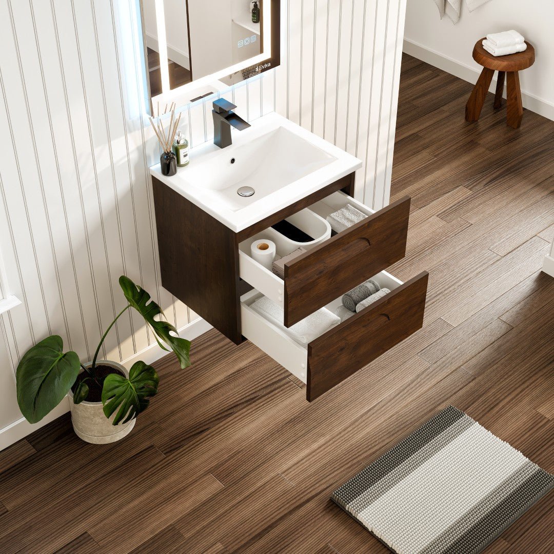 Joy 24 in. Rosewood Wall Mount Single Sink Bath Vanity with Porcelain Top and Integrated Sink - Bathroom Vanity by Eviva