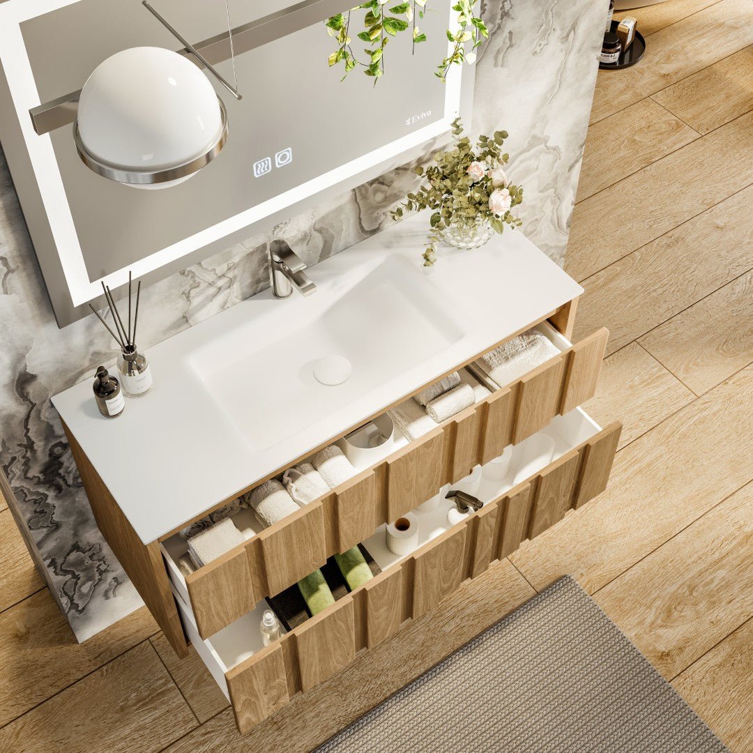 Lumber 44 in. Oak Wall Mount Single Sink Bath Vanity with Solid Surface Top and Integrated Sink - Bathroom Vanity by Eviva