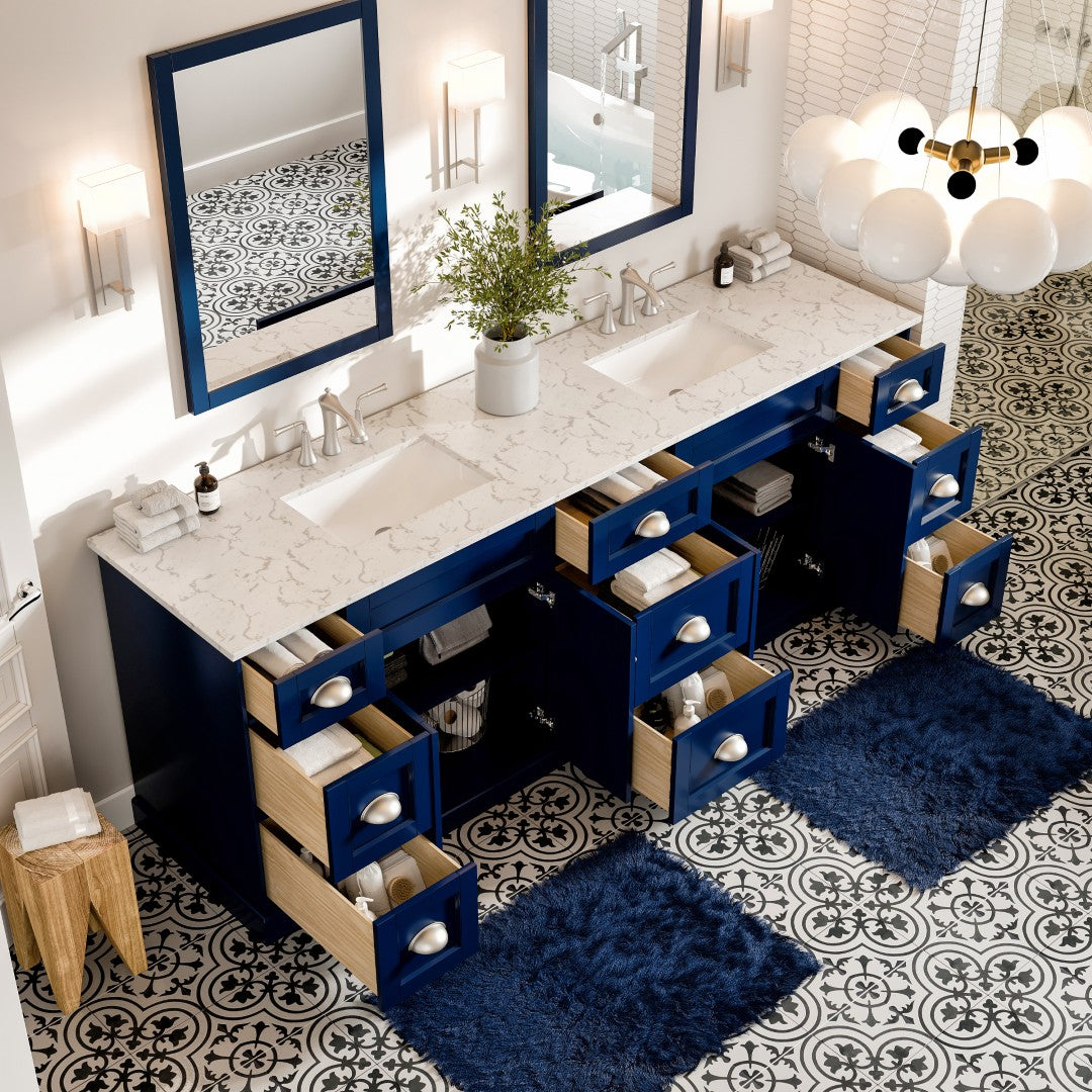 Epic 96 in. Blue Double Sink Bath Vanity with Carrara Quartz Top and Undermount Porcelain Sinks