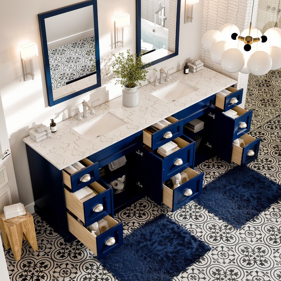 Epic 96 in. Blue Double Sink Bath Vanity with Carrara Quartz Top and Undermount Porcelain Sinks - Bathroom Vanity by Eviva