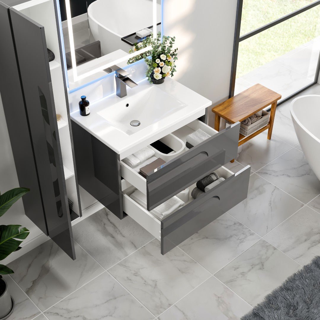 Joy 32 in. Gray Wall Mount Single Sink Bath Vanity with Porcelain Top and Integrated Sink - Bathroom Vanity by Eviva