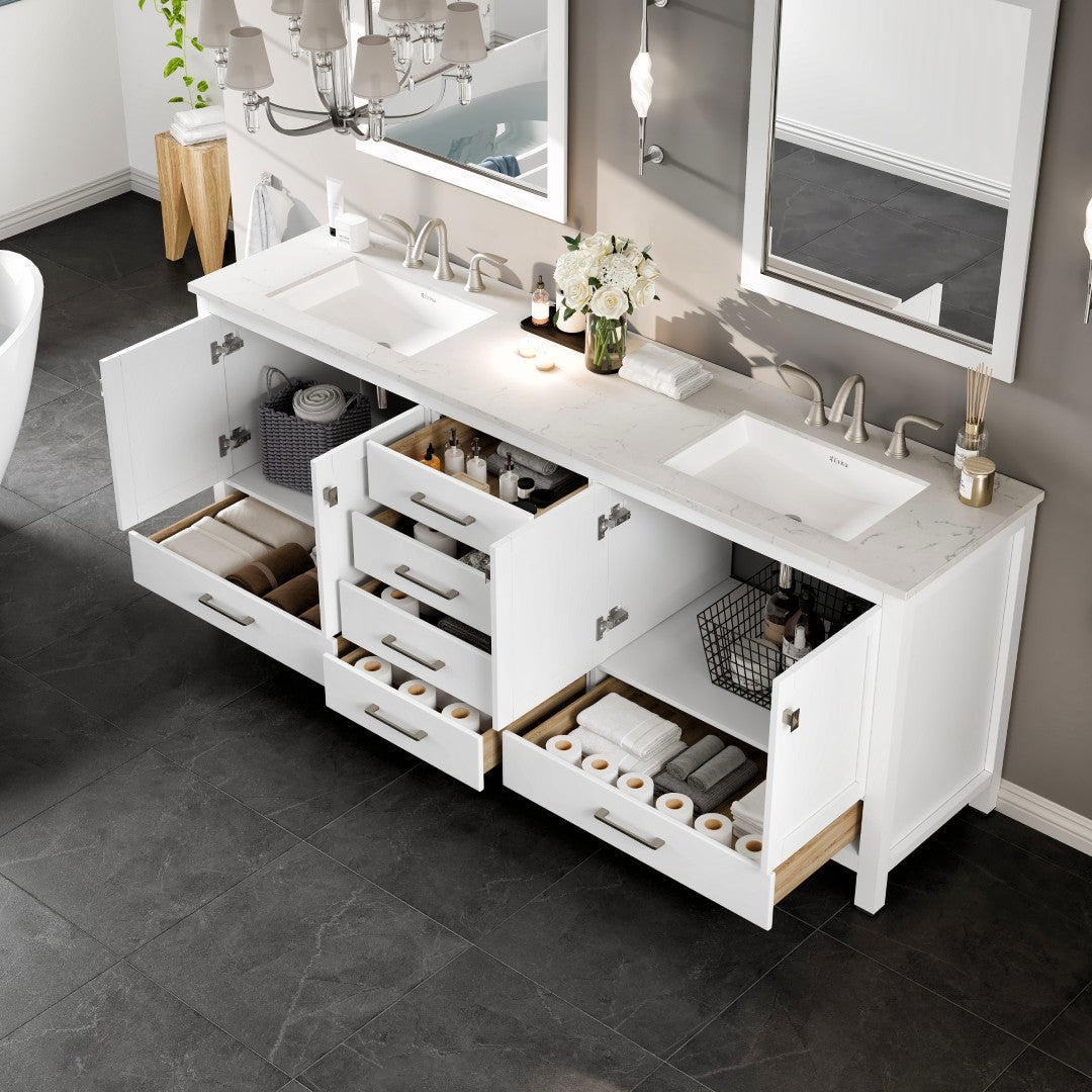 Aberdeen 84 in. White Double Sink Bath Vanity with Carrara Quartz Top and Undermount Porcelain Sinks
