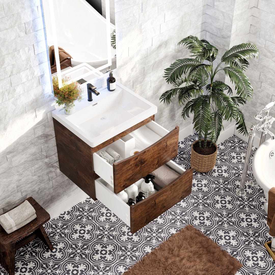 Smile 24 in. Rosewood Wall Mount Single Sink Bath Vanity with Acrylic Top and Integrated Sink