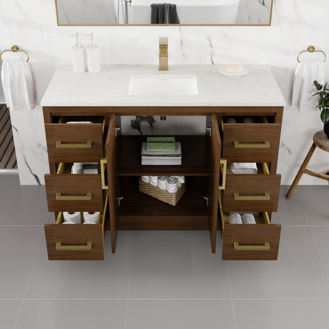 Curio 48 in. Walnut Single Sink Bath Vanity with Carrara Quartz Top and Undermount Porcelain Sink