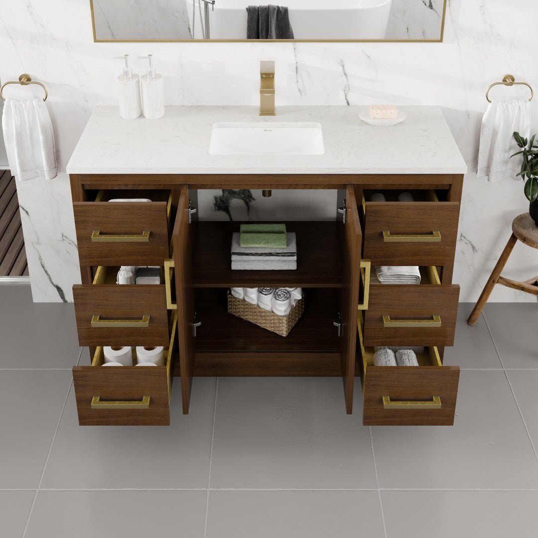Curio 48 in. Walnut Single Sink Bath Vanity with Carrara Quartz Top and Undermount Porcelain Sink - Bathroom Vanity by Eviva