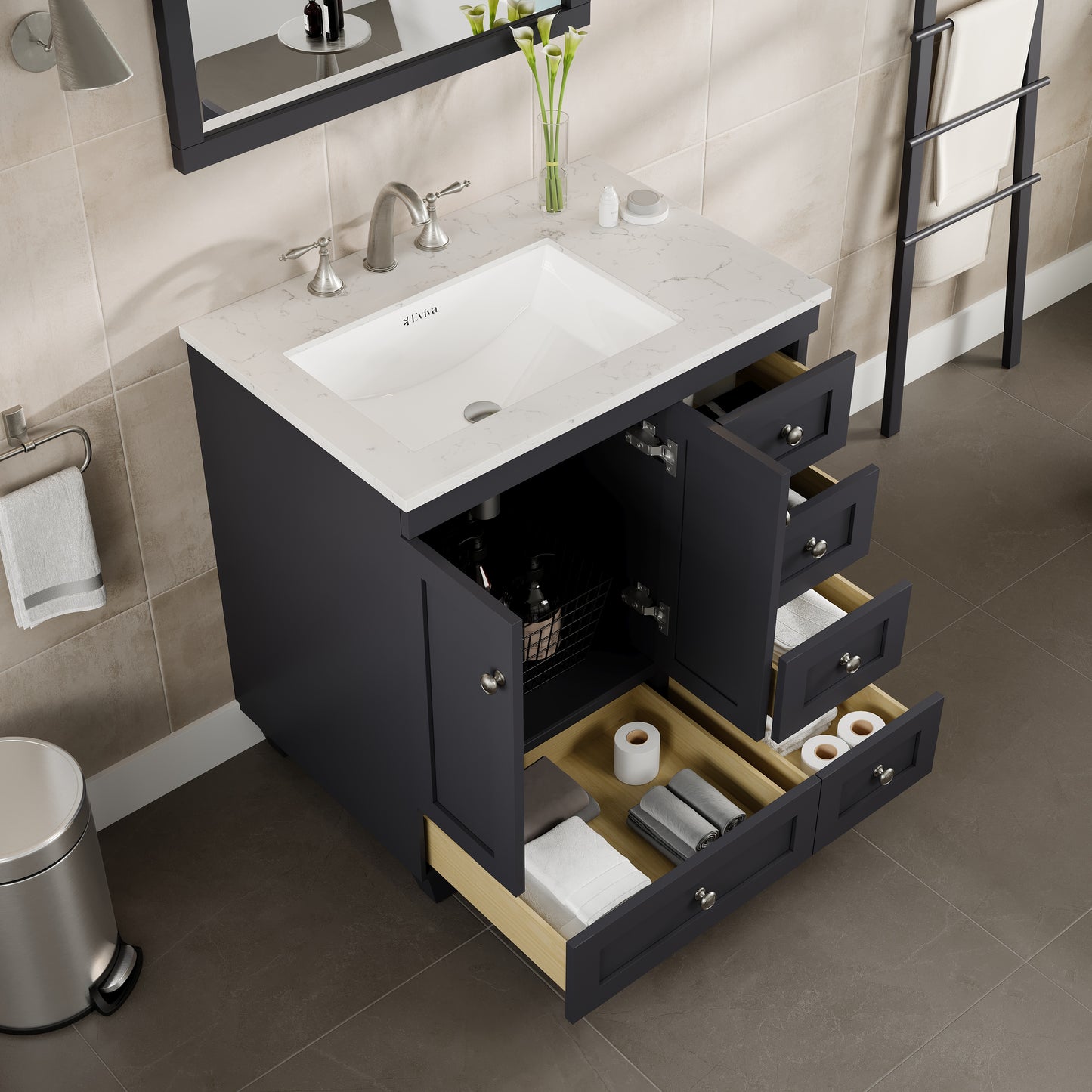 Acclaim 30"W x 22"D Dark Gray Bathroom Vanity with Carrara Quartz Countertop and Undermount Porcelain Sink