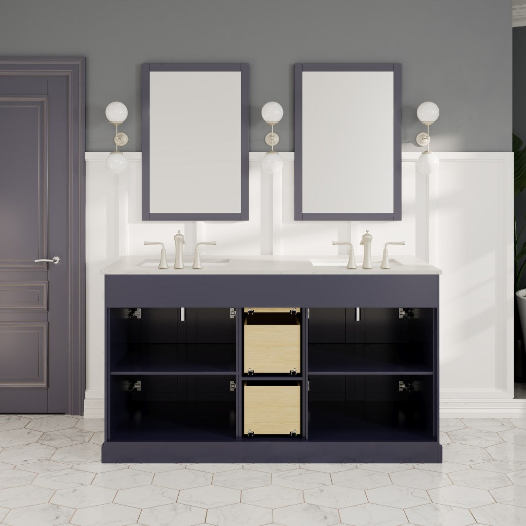 Epic 60 in. Charcoal Gray Double Sink  Bath Vanity with Carrara Quartz Top and Undermount Porcelain Sinks