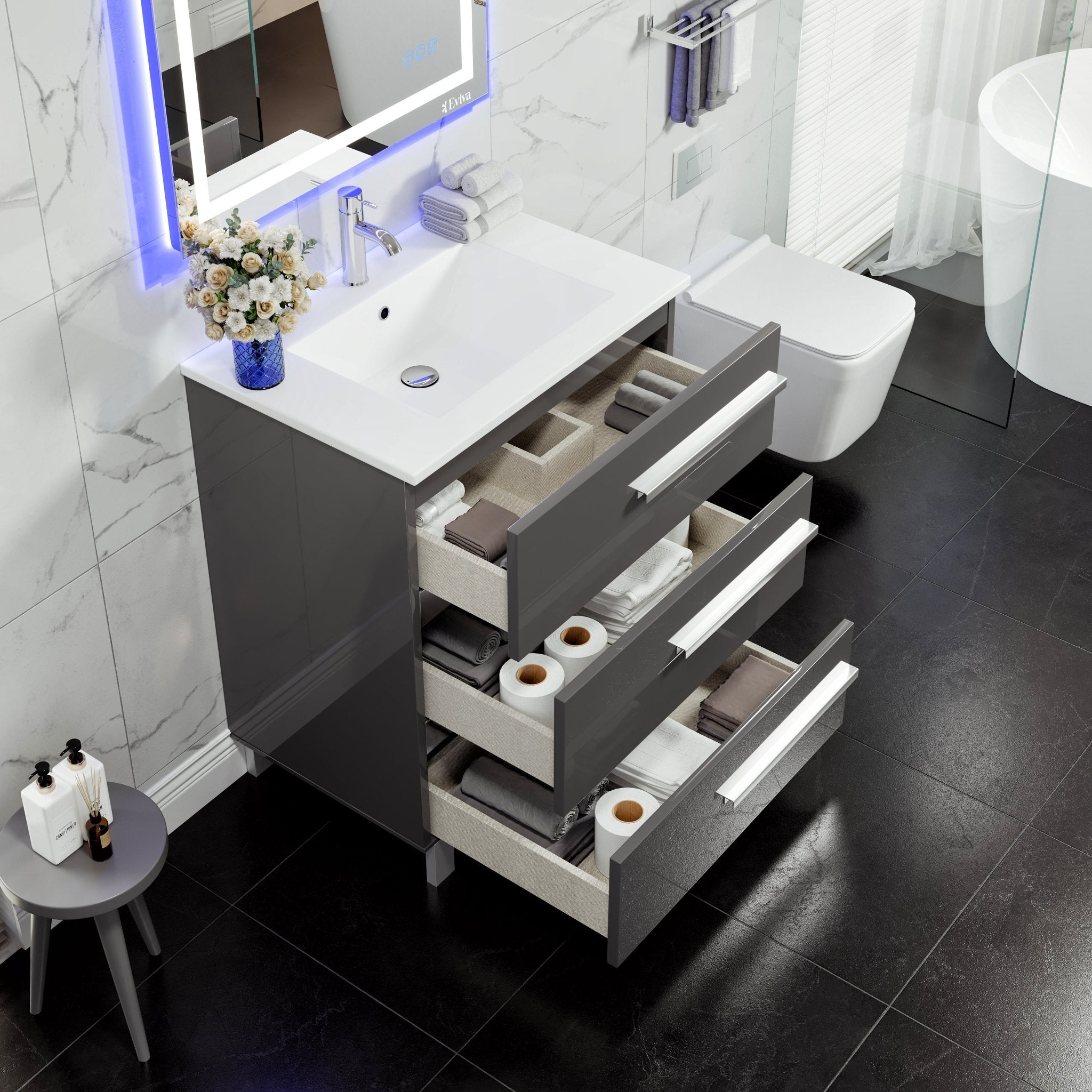 Deluxe 32 in. Gray Single Sink Bath Vanity with Porcelain Top and Integrated Sink - Bathroom Vanity by Eviva