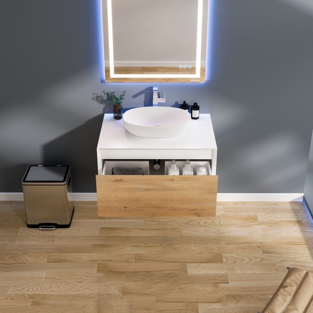 Santa Monica 36 in. White Oak Wall Mount Single Sink Bath Vanity with Acrylic Top and Vessel Solid Surface Sink - Bathroom Vanity by Eviva