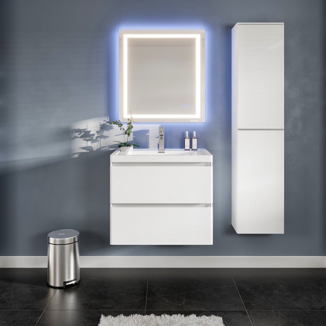 Glazzy 28 in. White Wall Mount Single Sink Bath Vanity with Acrylic Top and Integrated Sink - Bathroom Vanity by Eviva