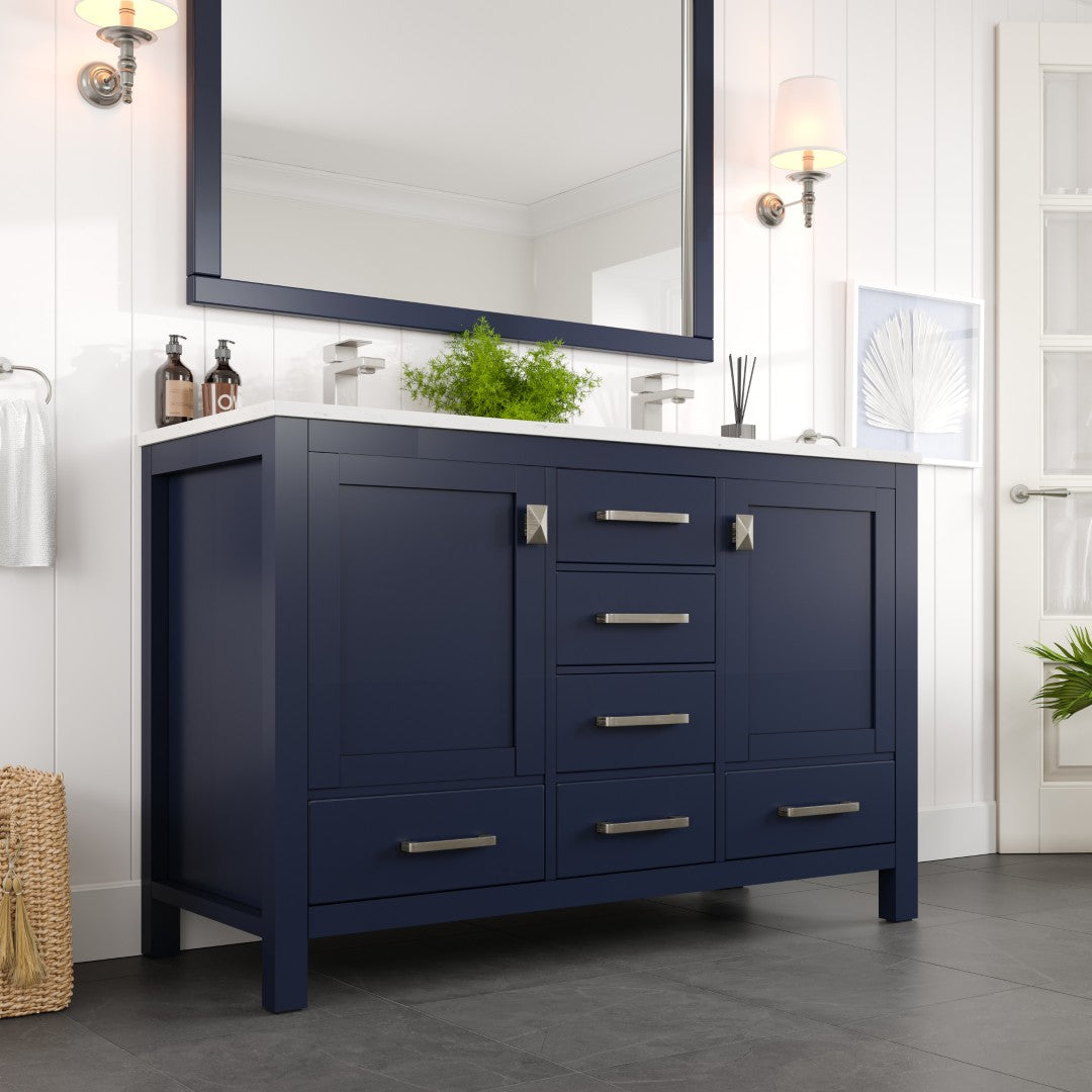 London 54 in. Blue Double Sink Bath Vanity with Carrara Quartz Top and Undermount Porcelain Sinks