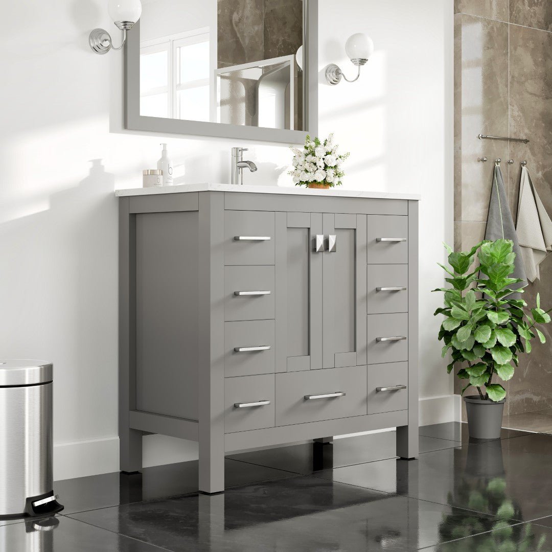 Hampton 36" x 18" Gray Single Sink Bath Vanity with Carrara Quartz Top and Undermount Porcelain Sink - Bathroom Vanity by Eviva
