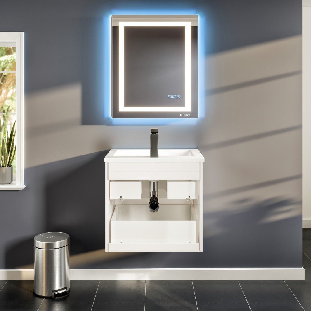 Joy 24 in. White Wall Mount Single Sink Bath Vanity with Porcelain Top and Integrated Sink - Bathroom Vanity by Eviva