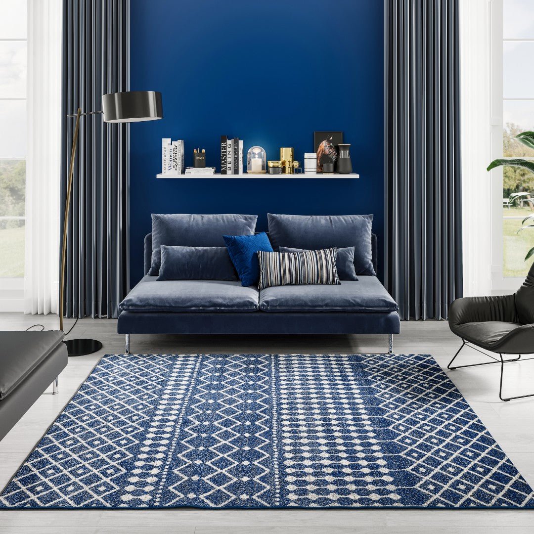 Eviva Grid 5' x 7' Geometric Blue/Cream Rug - Rug by Eviva