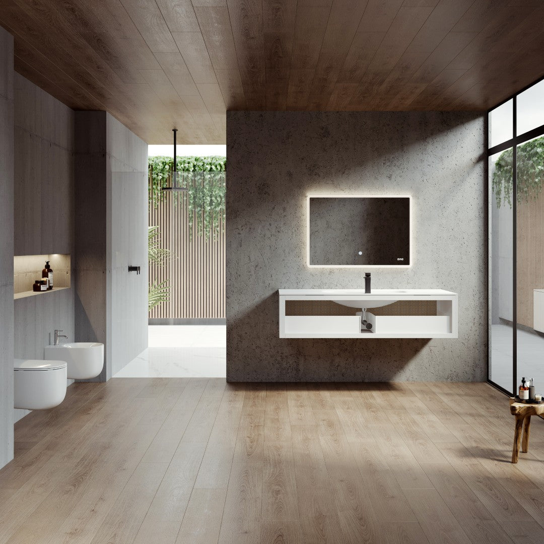 Nets 44 in. Natural Oak/White Wall Mount Single Sink Bath Vanity with Solid Surface Top and Integrated Sink