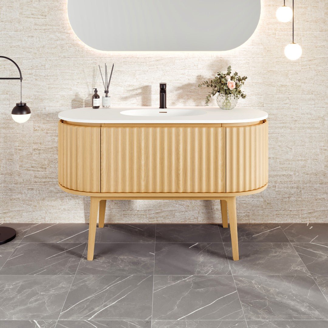 Haven 48 in. Natural Oak Freestanding Single Sink Bath Vanity with Solid Surface Top and Integrated Sink - Bathroom Vanity by Eviva