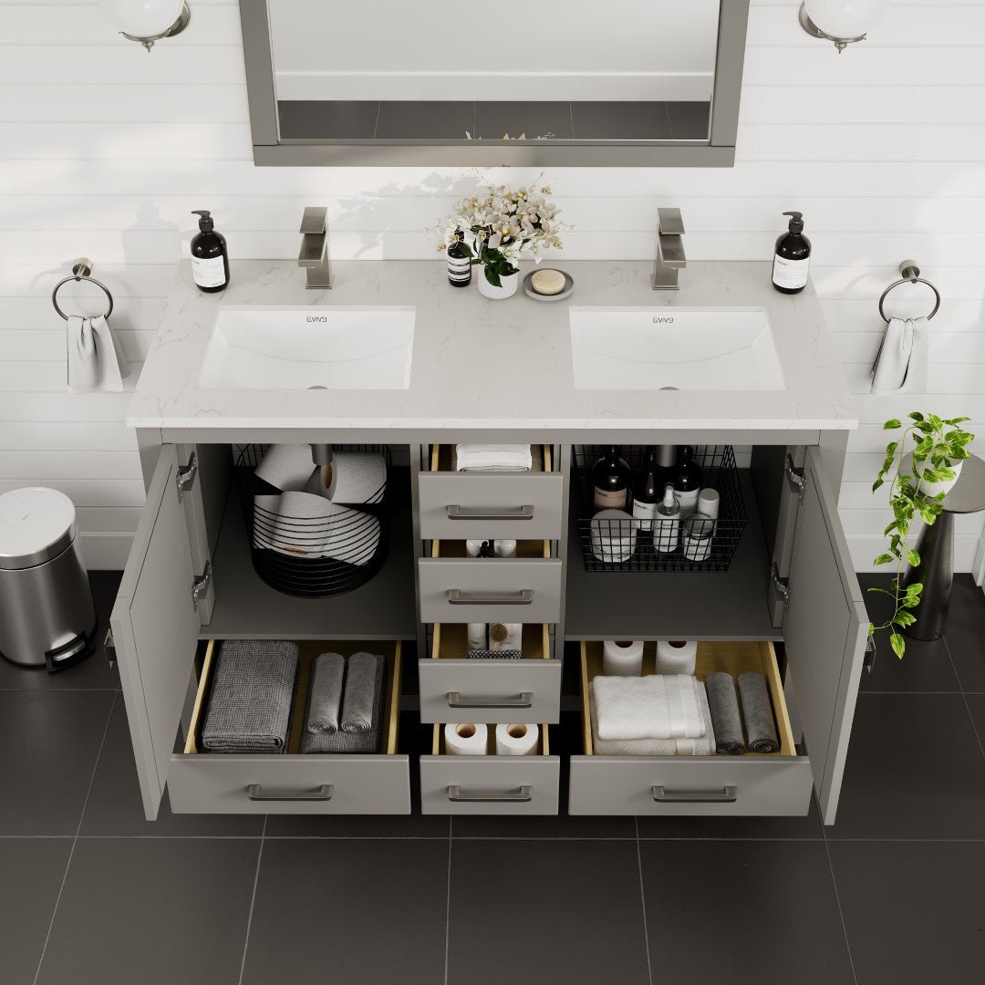 London 48 in. Gray Double Sink Bath Vanity with Carrara Quartz Top and Undermount Porcelain Sinks - Bathroom Vanity by Eviva