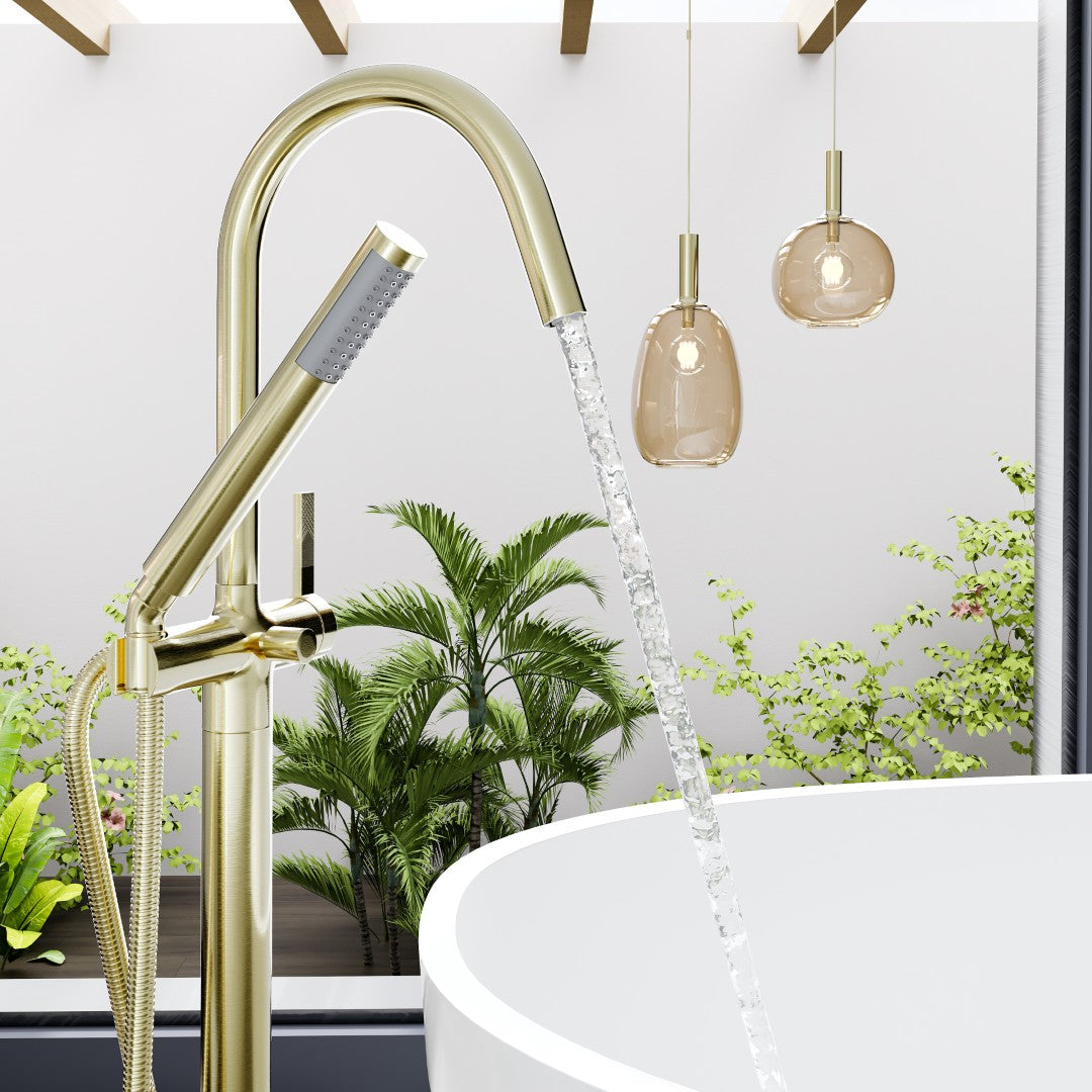 Eviva Modem Single-Handle Freestanding Tub Faucet with Hand Shower in Brushed Gold