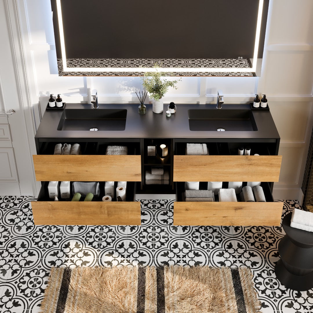 Vienna 75" Black Oak Wall Mount Double Sink  Bath Vanity with Acrylic Top and Integrated Sinks