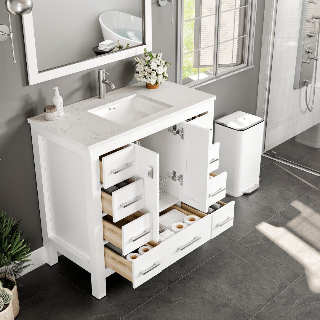 Hampton 36" x 18" White Single Sink Bath Vanity with Carrara Quartz Top and Undermount Porcelain Sink - Bathroom Vanity by Eviva