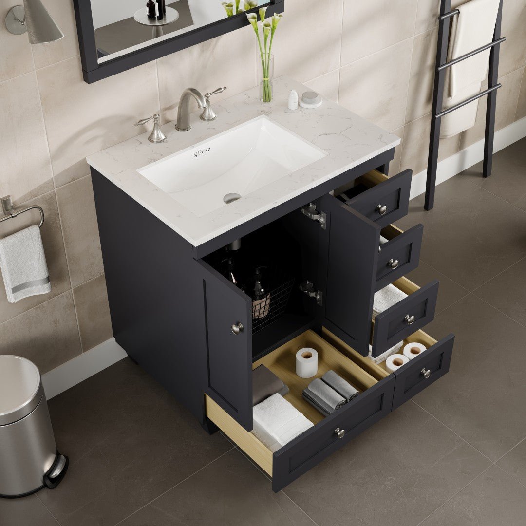 Acclaim 30 in. Dark Gray Single Sink Bath Vanity with Carrara Quartz Top and Undermount Porcelain Sink - Bathroom Vanity by Eviva