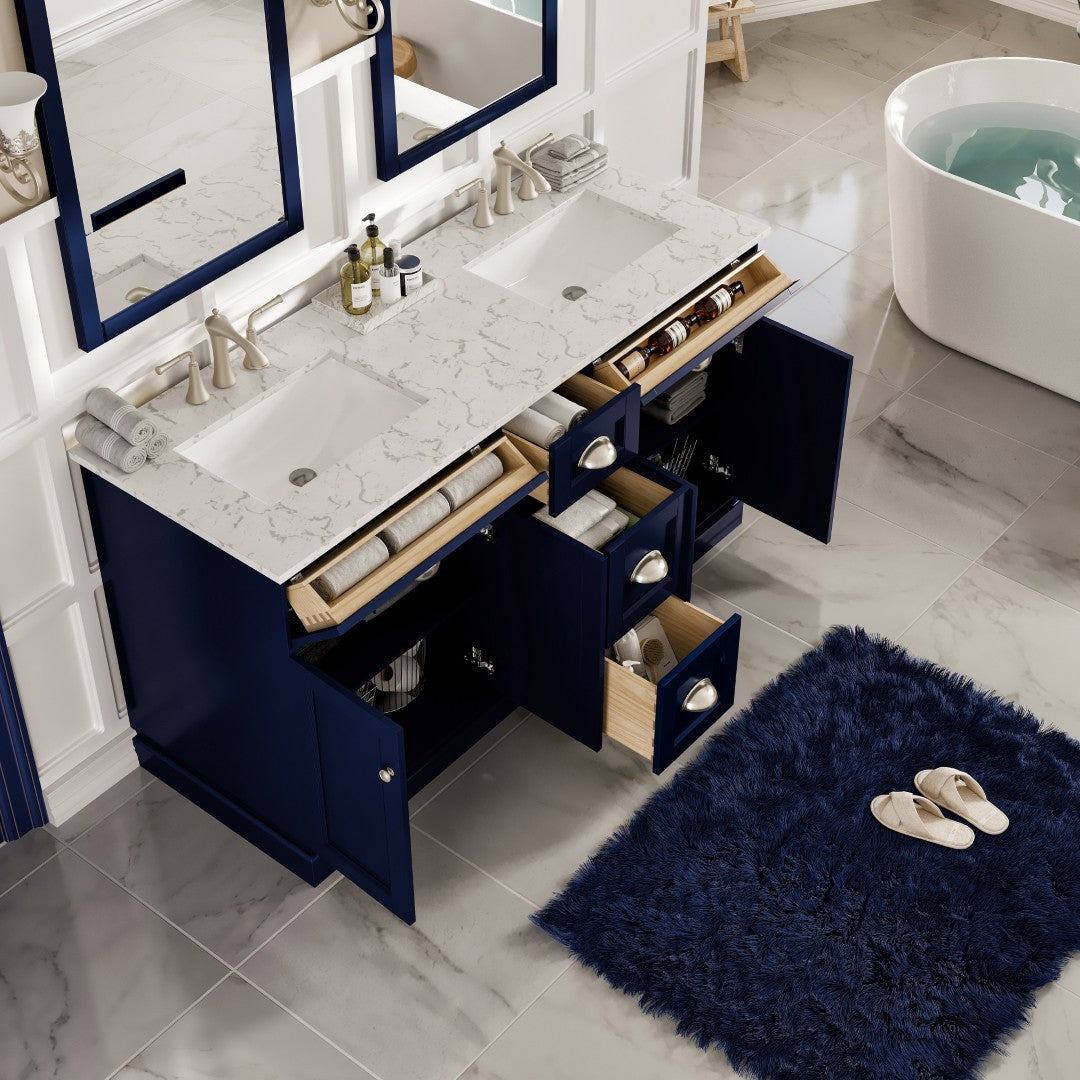 Epic 60 in. Blue Double Sink  Bath Vanity with Carrara Quartz Top and Undermount Porcelain Sinks