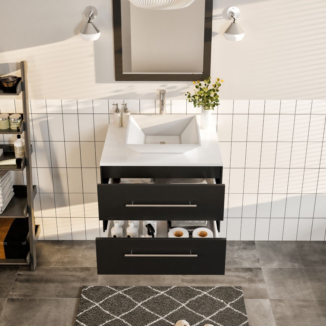 Wave 24 in. Espresso Wall Mount Single Sink Bath Vanity with White Quartz Top and Vessel Porcelain Sink - Bathroom Vanity by Eviva
