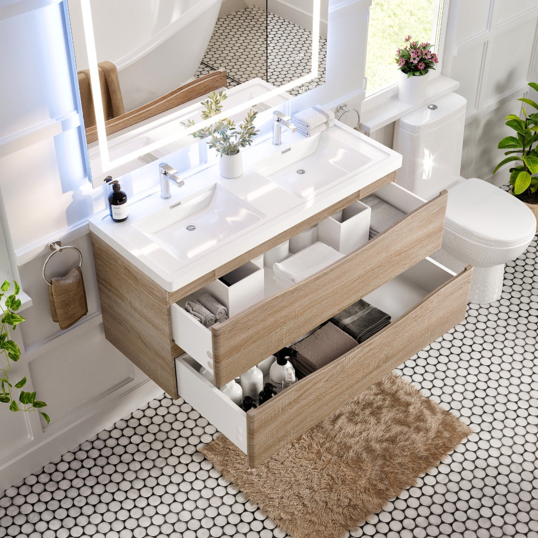 Smile 48 in. White Oak Wall Mount Double Sink Bath Vanity with Acrylic Top and Integrated Sinks