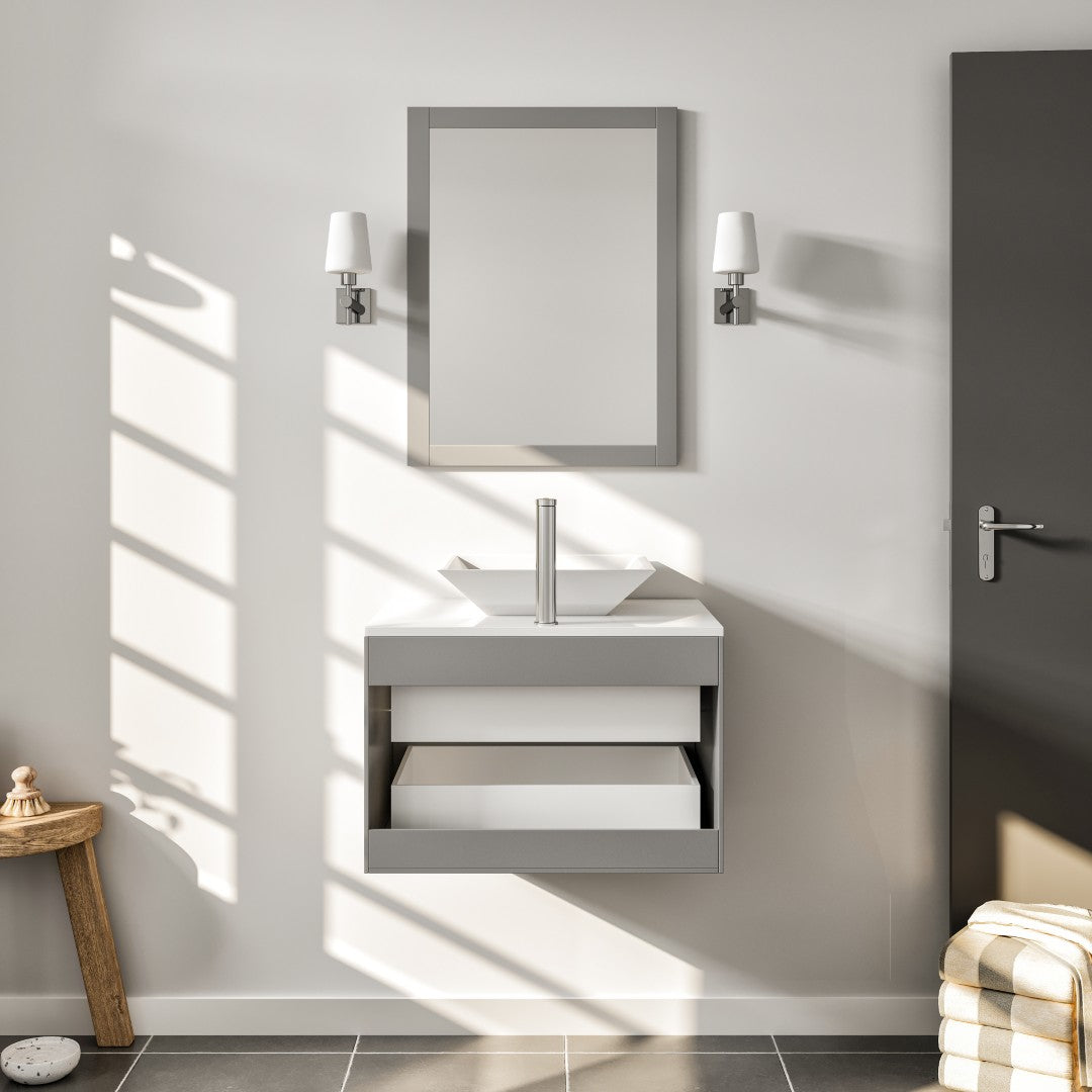 Wave 24 in. Gray Wall Mount Single Sink Bath Vanity with White Quartz Top and Vessel Porcelain Sink