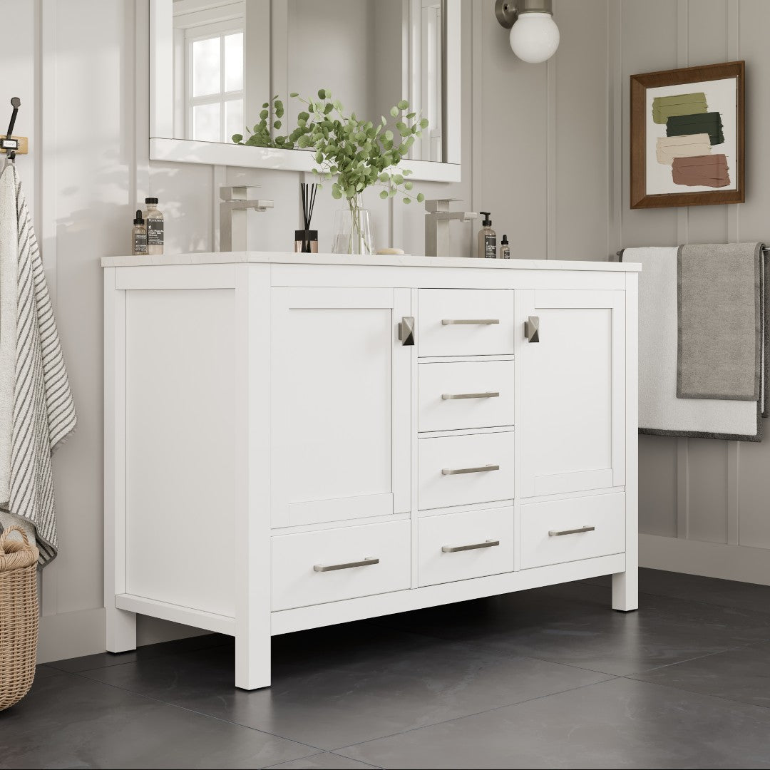 London 54 in. White Double Sink Bath Vanity with Carrara Quartz Top and Undermount Porcelain Sinks