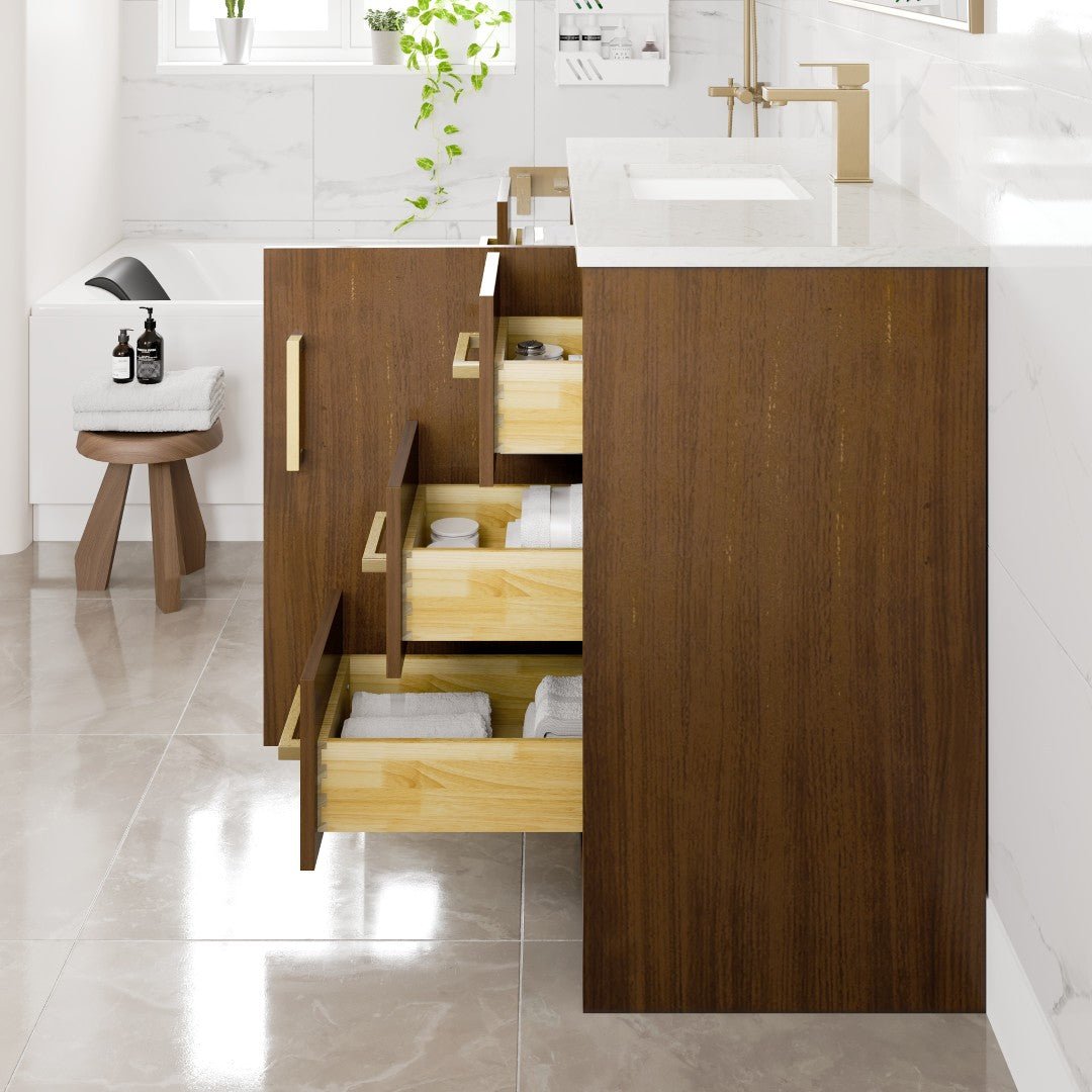 Curio 42 in. Walnut Single Sink Bath Vanity with Carrara Quartz Top and Undermount Porcelain Sink - Bathroom Vanity by Eviva