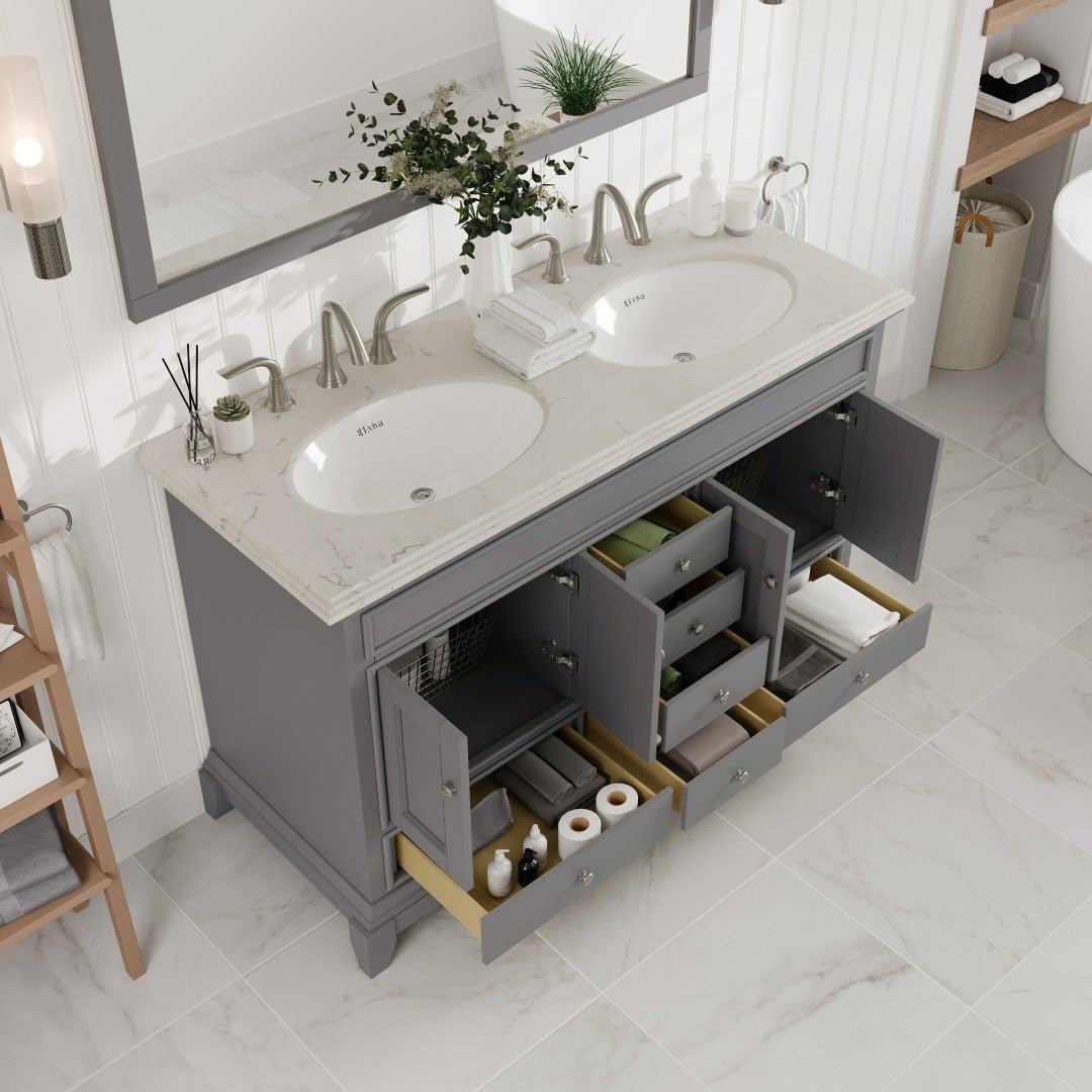 Elite Stamford 48 in. Gray Double Sink Bath Vanity with Carrara Quartz Top and Undermount Porcelain Sinks - Bathroom Vanity by Eviva