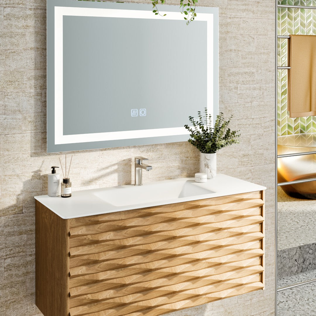Oahu 32 in. Oak Wall Mount Single Sink Bath Vanity with Solid Surface Top and Integrated Sink