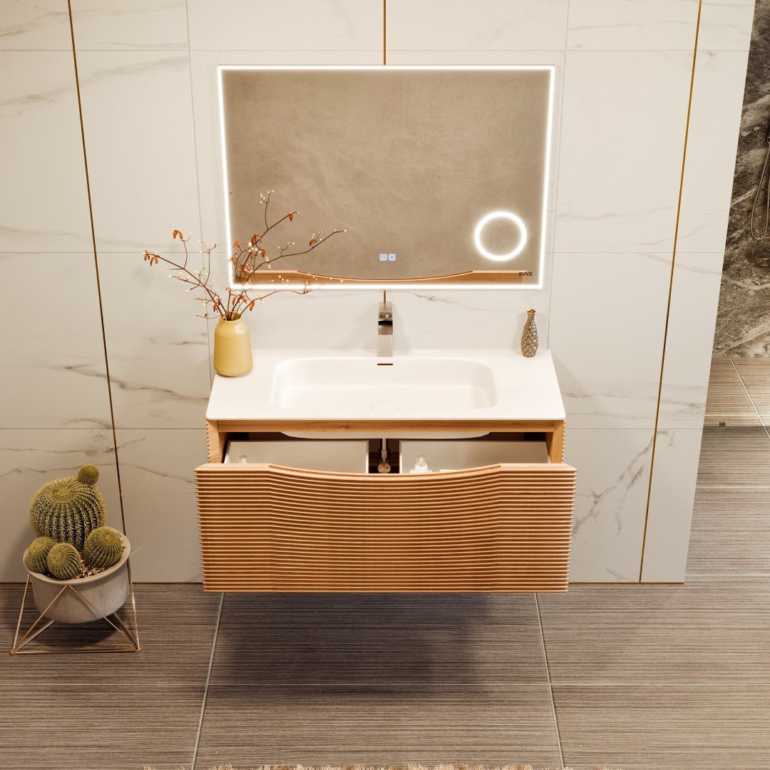 Leah 32 in. Medium Oak Wall Mount Single Sink Bath Vanity with Solid Surface Top and Integrated Sink - Bathroom Vanity by Eviva