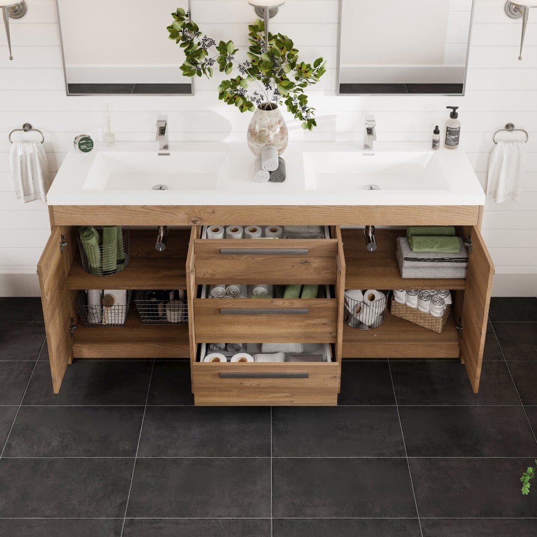 Lugano 72 in. Natural Oak Double Sink Freestanding Bath Vanity with Acrylic Top and Integrated Sinks - Bathroom Vanity by Eviva