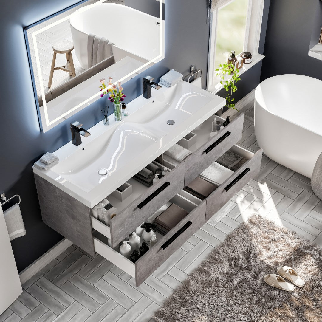 Surf 57 in. Concrete Gray Wall Mount Double Sink Bath Vanity with Acrylic Top and Integrated Sinks