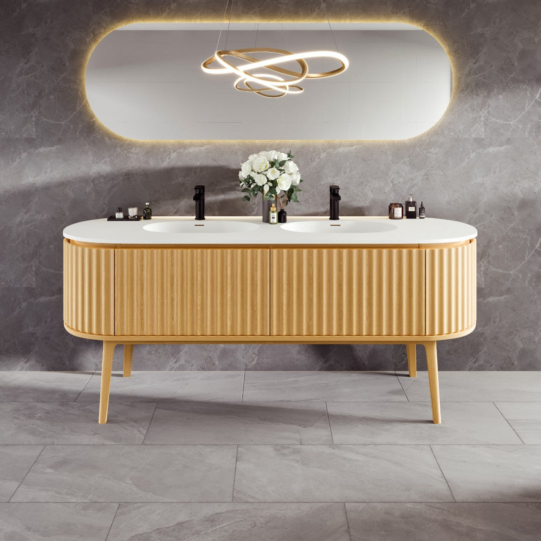 Haven 71 in. Natural Oak Double Sink  Bath Vanity with Solid Surface Top and Integrated Sinks