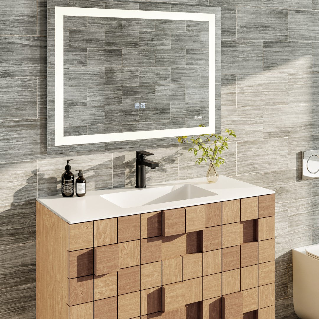 Mosaic 33 in. Natural Oak Wall Mount Single Sink Bath Vanity with Solid Surface Top and Integrated Sink