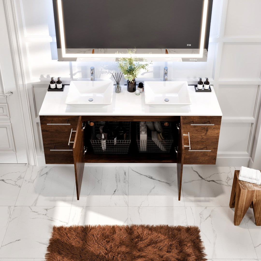 Luxurious 60 in. Rosewood Wall Mount Double Sink  Bath Vanity with White Quartz Top and Vessel Porcelain Sinks