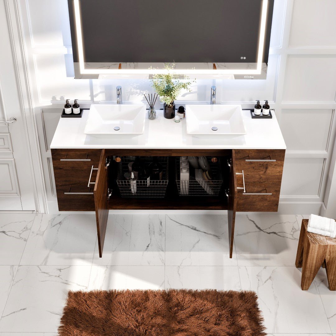 Luxurious 60 in. Rosewood Wall Mount Double Sink Bath Vanity with White Quartz Top and Vessel Porcelain Sinks - Bathroom Vanity by Eviva