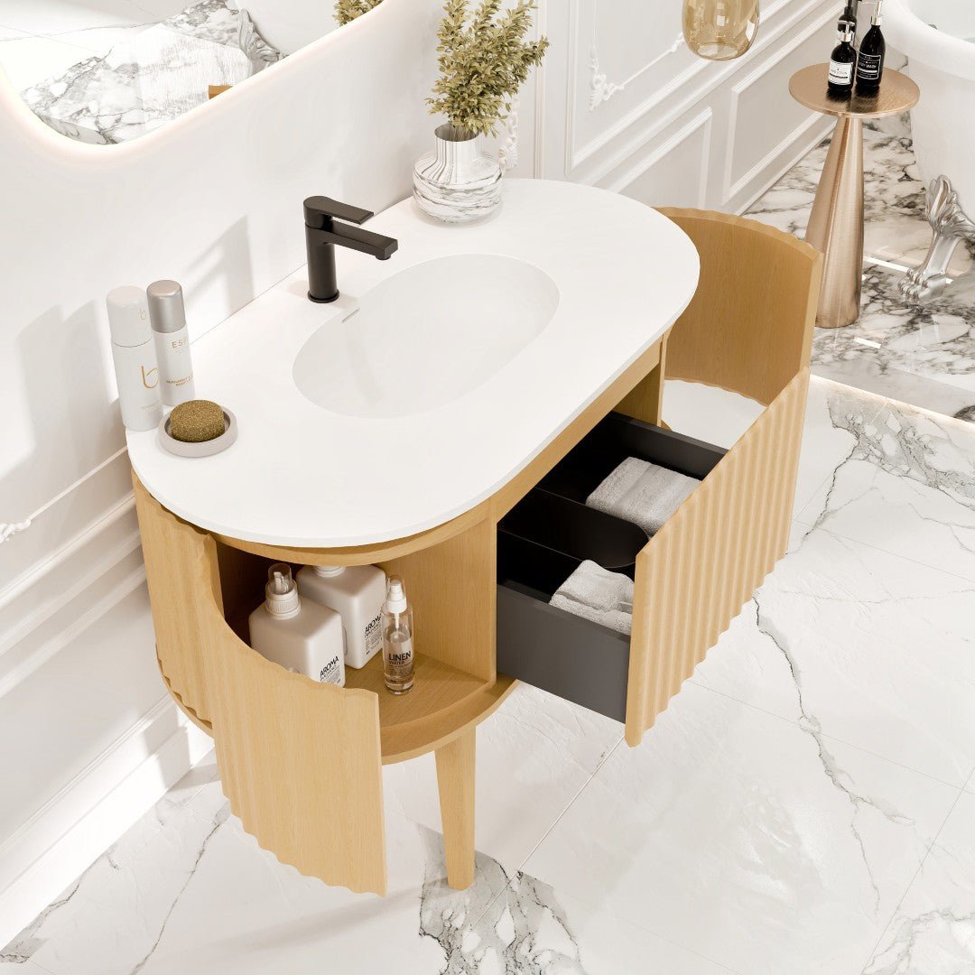 Haven 39 in. Natural Oak Freestanding Single Sink Bath Vanity with Solid Surface Top and Integrated Sink - Bathroom Vanity by Eviva