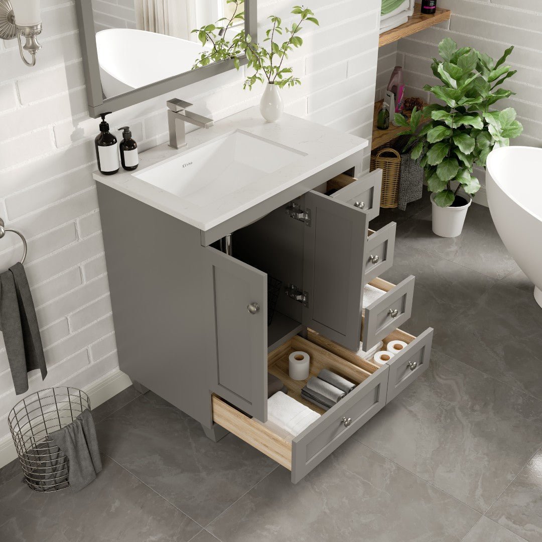 Happy 30 in. Gray Single Sink Bath Vanity with Carrara Quartz Top and Undermount Porcelain Sink - Bathroom Vanity by Eviva