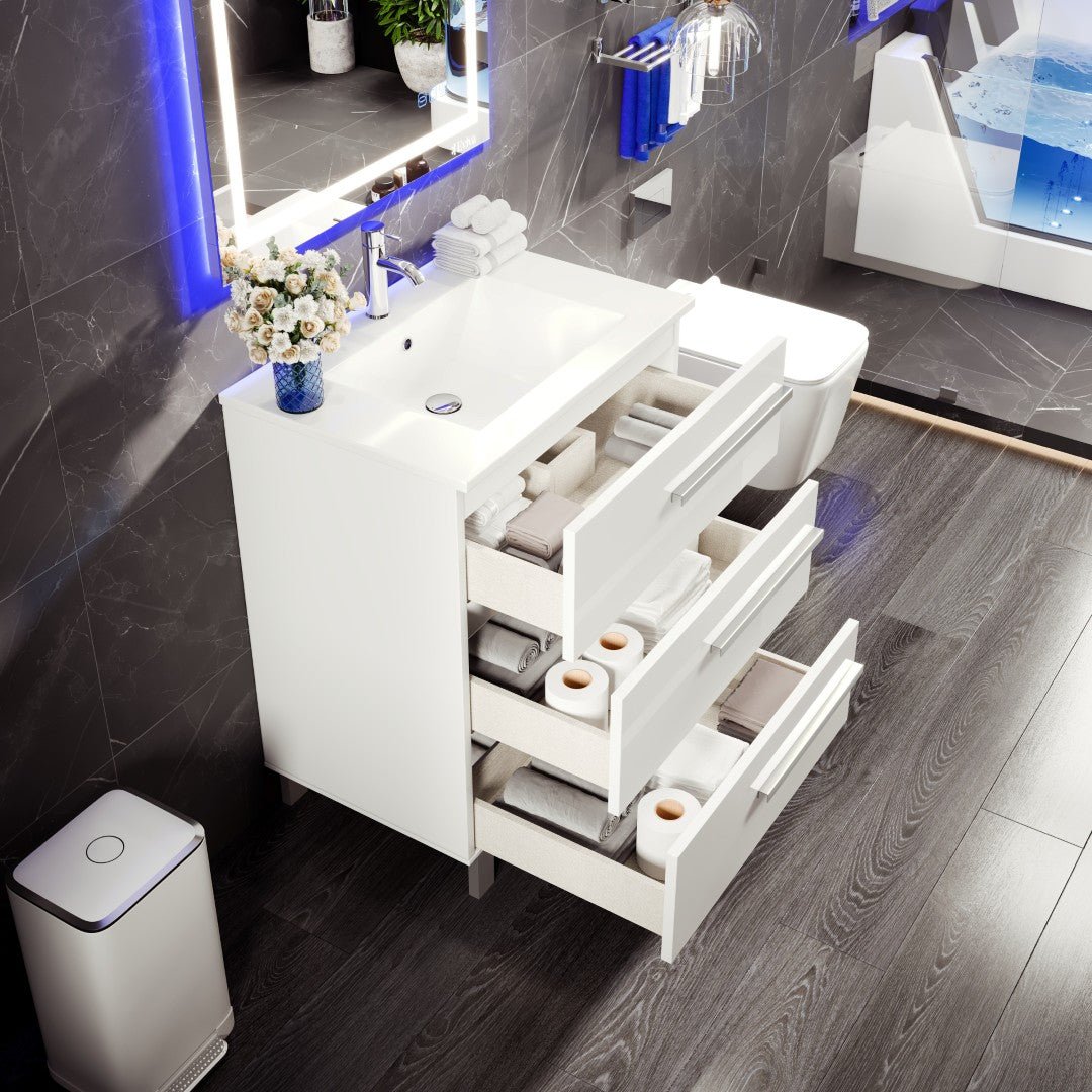 Deluxe 32 in. White Single Sink Bath Vanity with Porcelain Top and Integrated Sink - Bathroom Vanity by Eviva