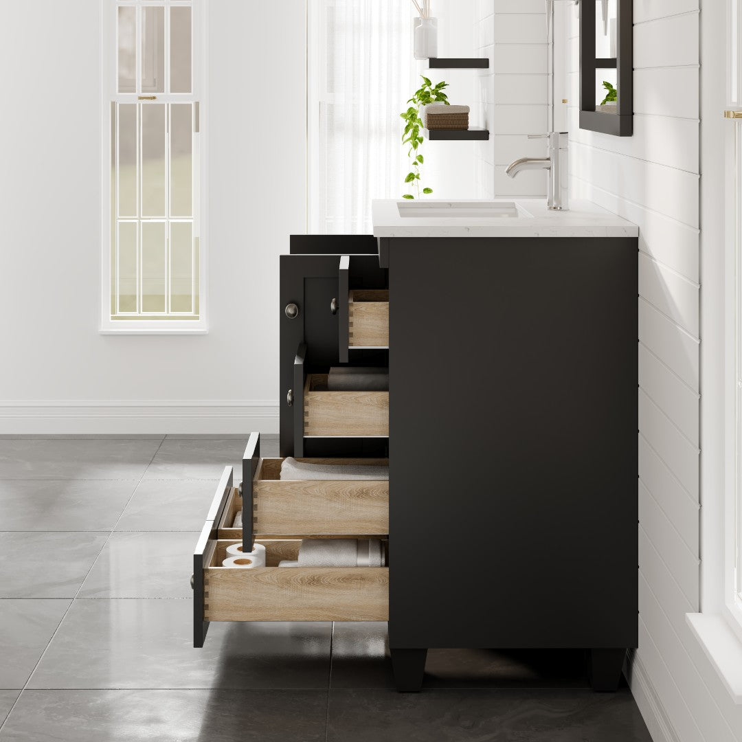 Happy 28 in. Espresso Single Sink Bath Vanity with Carrara Quartz Top and Undermount Porcelain Sink