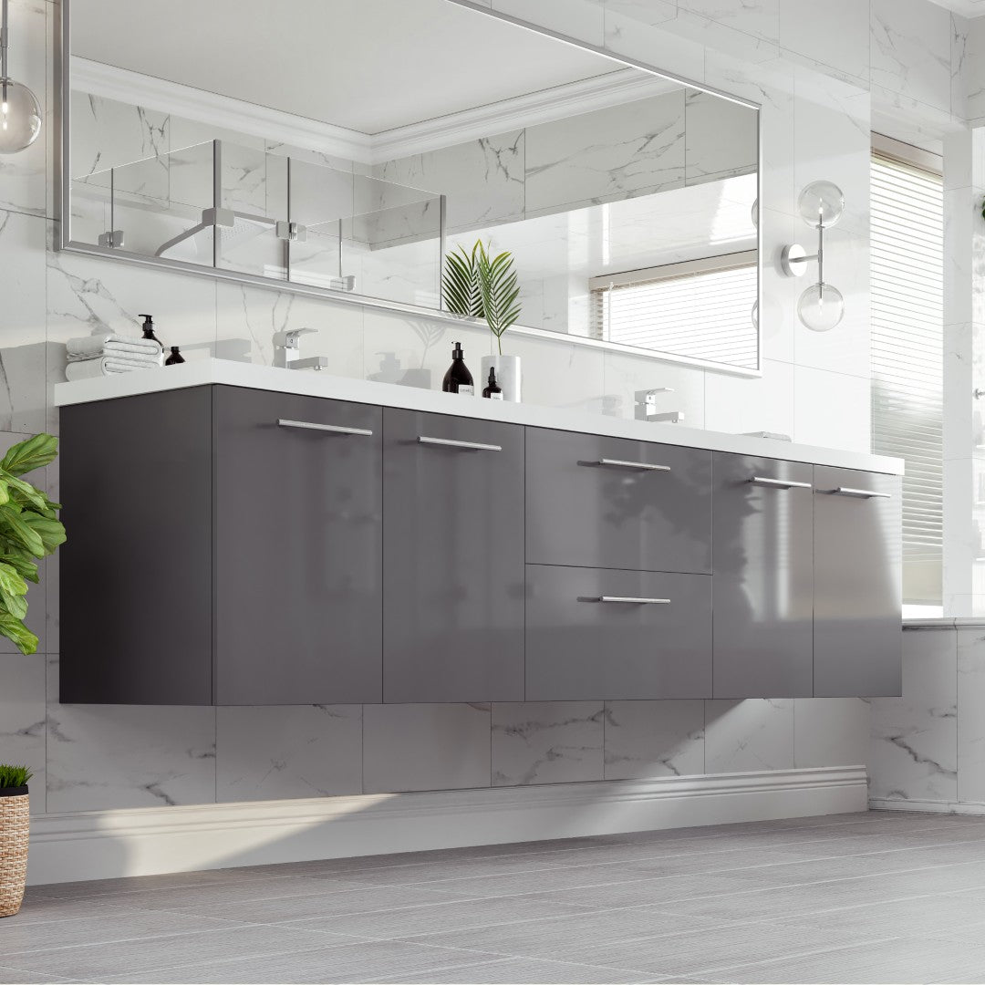 Lumina 84 in. Gray Wall Mount Double Sink Bath Vanity with Acrylic Top and Integrated Sinks
